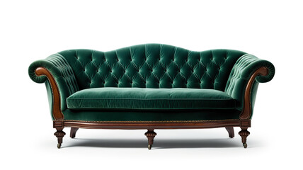 Vintage green sofa isolated on pure white background - obrazy, fototapety, plakaty