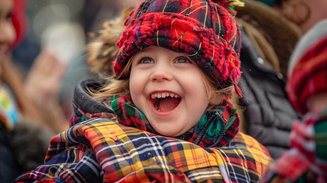An excited child wearing a tartan vest and tartan hat, Ai Generated Images