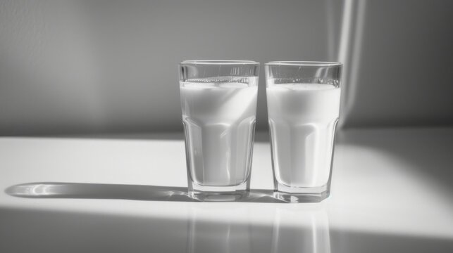 A glasses with milk on a podium on a grey background. White liquid in a glass.