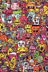 Illustration of colorful doodle crowd cute alien and monster Created with Generative AI technology.