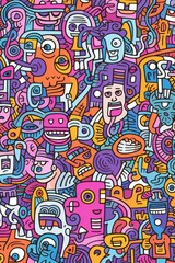 Illustration of colorful doodle crowd cute alien and monster Created with Generative AI technology.