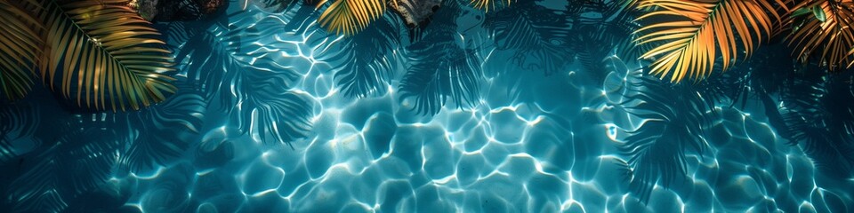Fototapeta na wymiar Palm leaves over clear blue water reflecting sunlight