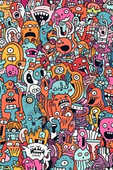 Illustration of colorful doodle crowd cute alien and monster Created with Generative AI technology.