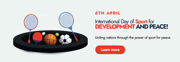 6th April International day of Sport for development and peace, celebration cover banner on Gray background with different sports equipment. Sports day banner with rackets, football, tennis ball icons - obrazy, fototapety, plakaty