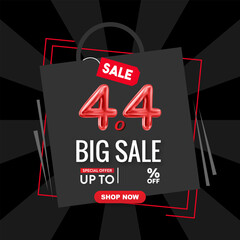 4.4 big sale discount template banner with blank space for product sale with abstract gradient red and black background design
