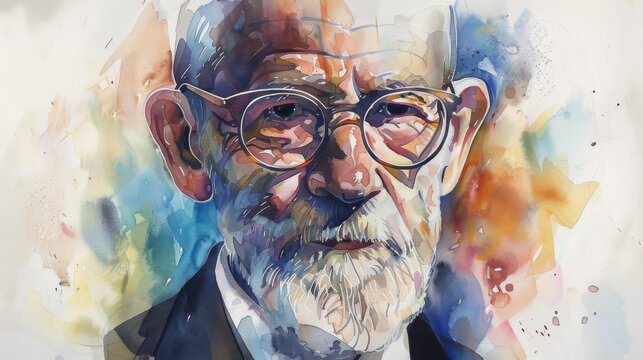 Watercolor portrait of a bearded, glasses-wearing vintage figure with a colorful and abstract backdrop