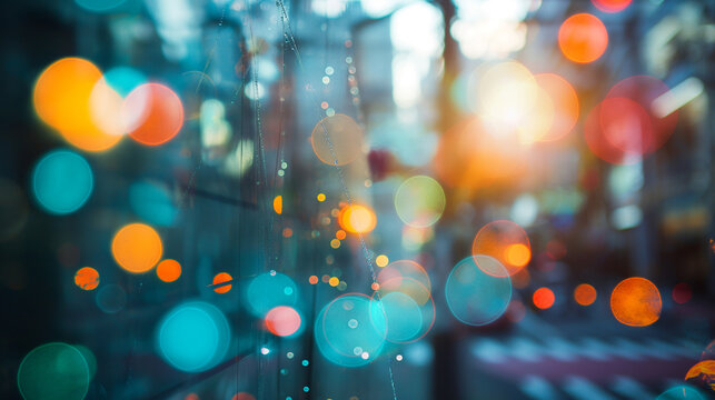Blurred city lights reflecting on a wet glass surface with a background of an urban environment.
