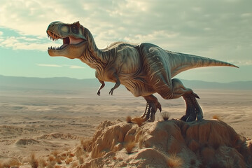 Fototapeta premium Tyrannosaurus Rex is roaring and standing on top of mountain