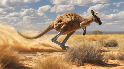 Badkamer foto achterwand A determined kangaroo bounding across a dusty desert landscape, its powerful legs kicking up clouds of fine sand as it gracefully covers the arid ground. © alishba Lishay