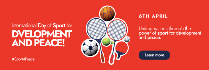 International Sports Day. 6th April National Sports day for development and peace celebration cover banner with different sports equipment and athlete gear tennis ball, racket on dark red background. - obrazy, fototapety, plakaty