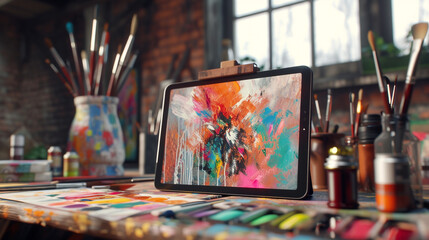 Naklejka na ściany i meble A digital tablet displaying a vibrant art portfolio, surrounded by scattered brushes and tubes of paint, merging traditional and digital artistry in a modern creative space.