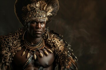 Zulu King portrayed in an epic style with African warrior historical costume and feathers
