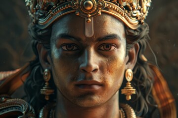 Ashoka the Indian Emperor portrayed with a historical and regal crown adorned with traditional jewelry