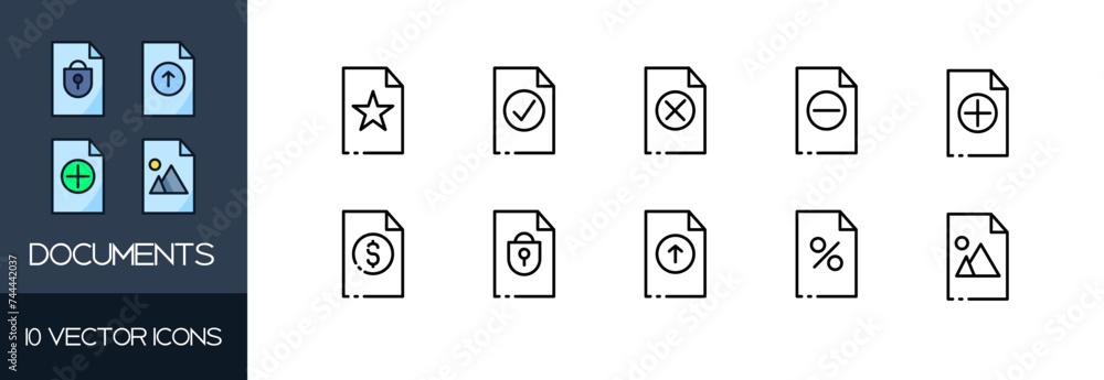 Aufkleber documents icon set. document buttons. linear style. vector icons