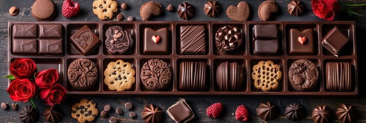 An alluring Valentine's Day campaign showcasing a custom gift box filled with gourmet chocolates, cookies, and red roses, arranged with professional placement and soft studio lighting - obrazy, fototapety, plakaty