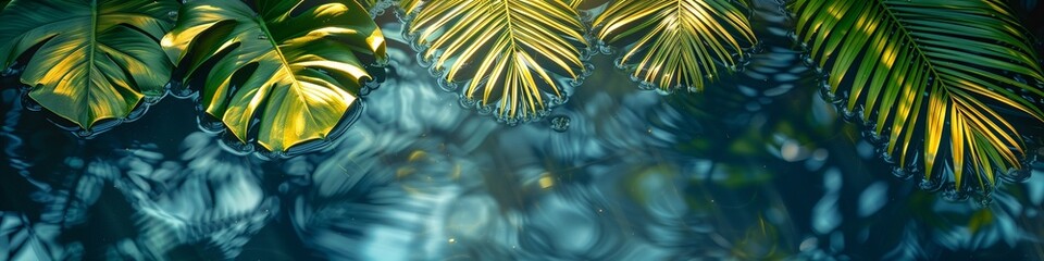Palm leaves over clear blue water reflecting sunlight