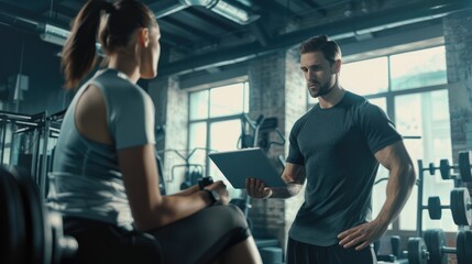 Fototapeta na wymiar Portrait of a male coach with tablet training a sportswoman in a gym.