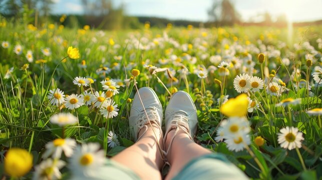 Legs of relaxing girl lying on the spring blooming meadow. - Powered by Adobe