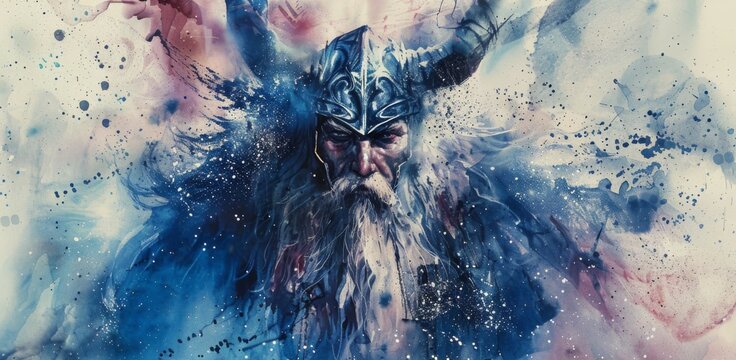 Watercolor painting of Odin from Norse mythology showcasing god, beard, helmet, magic, and king