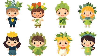 Kids dressed in plant costumes isolated on a pure white background