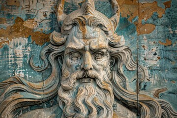 Neptune the sea god depicted in a symbolic sculpture with ancient mythology tones - obrazy, fototapety, plakaty