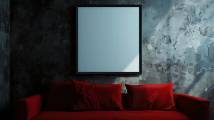 Minimalist Room Mockup: Red Sofa & Blank Frame - Modern Interior Design Concept with Dark Lighting - Stock Photography for Home Decor Ideas