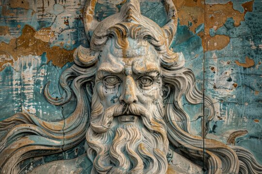 Neptune the sea god depicted in a symbolic sculpture with ancient mythology tones