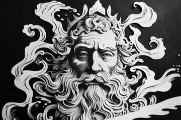 Neptune God of the Sea depicted in a Roman mythology-themed monochrome sculpture art piece