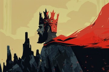Stylized King Arthur portrayed as a legendary monarch with a minimalist crown and cape among ruins - obrazy, fototapety, plakaty