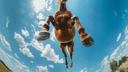 Horse jumping down against a blue sky. Animal in the air in motion - obrazy, fototapety, plakaty
