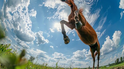 Horse jumping down against a blue sky. Animal in the air in motion - obrazy, fototapety, plakaty