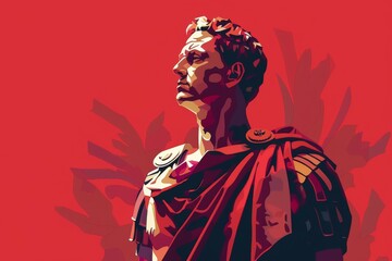 Julius Caesar Roman Dictator minimalist illustration with red background and military leader portrait
