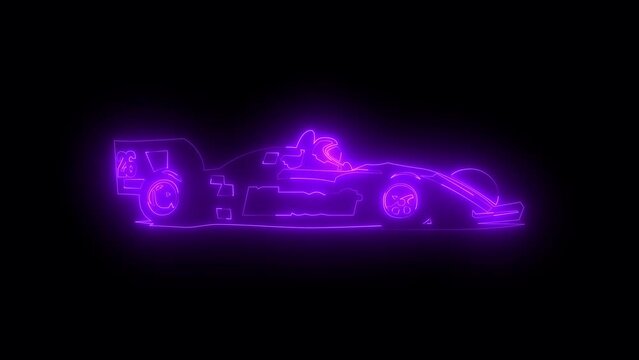 Neon glowing purple auto racing icon animation in black background