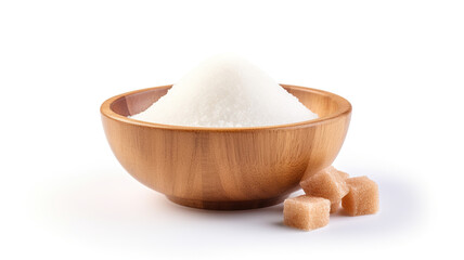 a wooden bowl filled with sugar, isolated on a white background