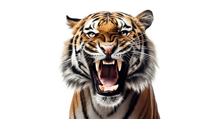 An lonely tiger looking with its mouth open on a stark white background