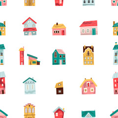 Houses, buildings. Seamless pattern. Children's vector illustration in modern style.