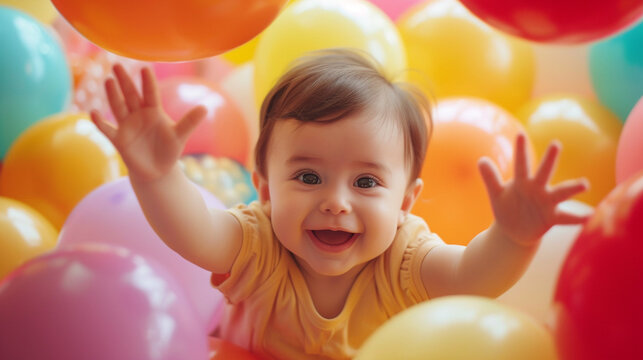 A high-definition snapshot of a baby surrounded by vibrant balloons, their chubby hands reaching out in pure excitement, creating a visually enchanting and delightful scene.