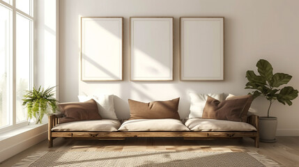 A homely space with a wooden sofa, brown-colored cushions, and clean white frames for personal artwork.