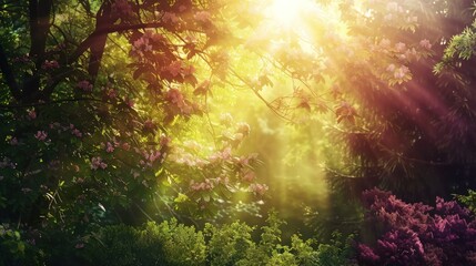 Forest view in spring with bright sunlight in the morning