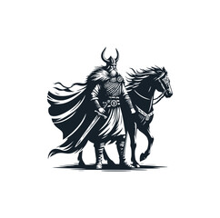 Fototapeta na wymiar The viking warrior with his horse. Black white vector illustration.