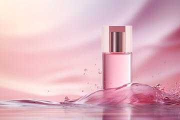 Cosmetic bottle with splash of pink liquid. 3d illustration.