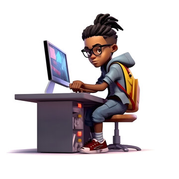 A stunning view 3d cartoon character of young boy as a designer using computer