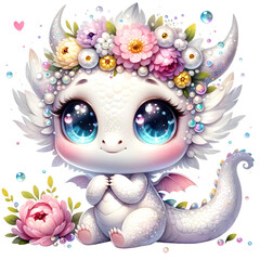 Serene White Dragon with Floral Crown Cute Illustration

