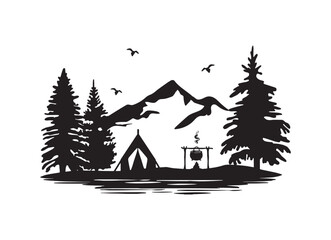 tent in the forest with mountains vector silhouette. cauldron on fire vector silhouette