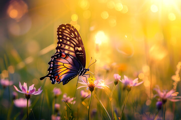 A macro shot of a butterfly delicately sipping nectar from a wildflower, its wings shimmering in the sunlight, showcasing the intricate details and vibrant colors of this enchanting insect - obrazy, fototapety, plakaty