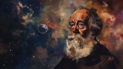 Galileo portrait in watercolor style with space cosmos astronomy elements and historical significance - obrazy, fototapety, plakaty