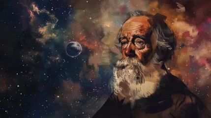 Fototapeten Galileo portrait in watercolor style with space cosmos astronomy elements and historical significance © Superhero Woozie