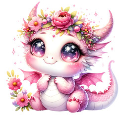 Charming Pink Dragon with Floral Crown Illustration