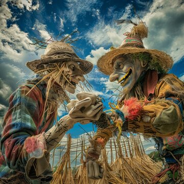 Vintage style picture of two scarecrows in traditional costume.