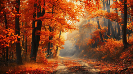 A magical forest alive with the vibrant colors of autumn leaves, their fiery hues a testament to the changing seasons. - obrazy, fototapety, plakaty